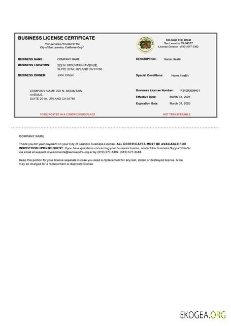 Modèle Word et PDF de certificat de licence commerciale aux États Unis et en Californie